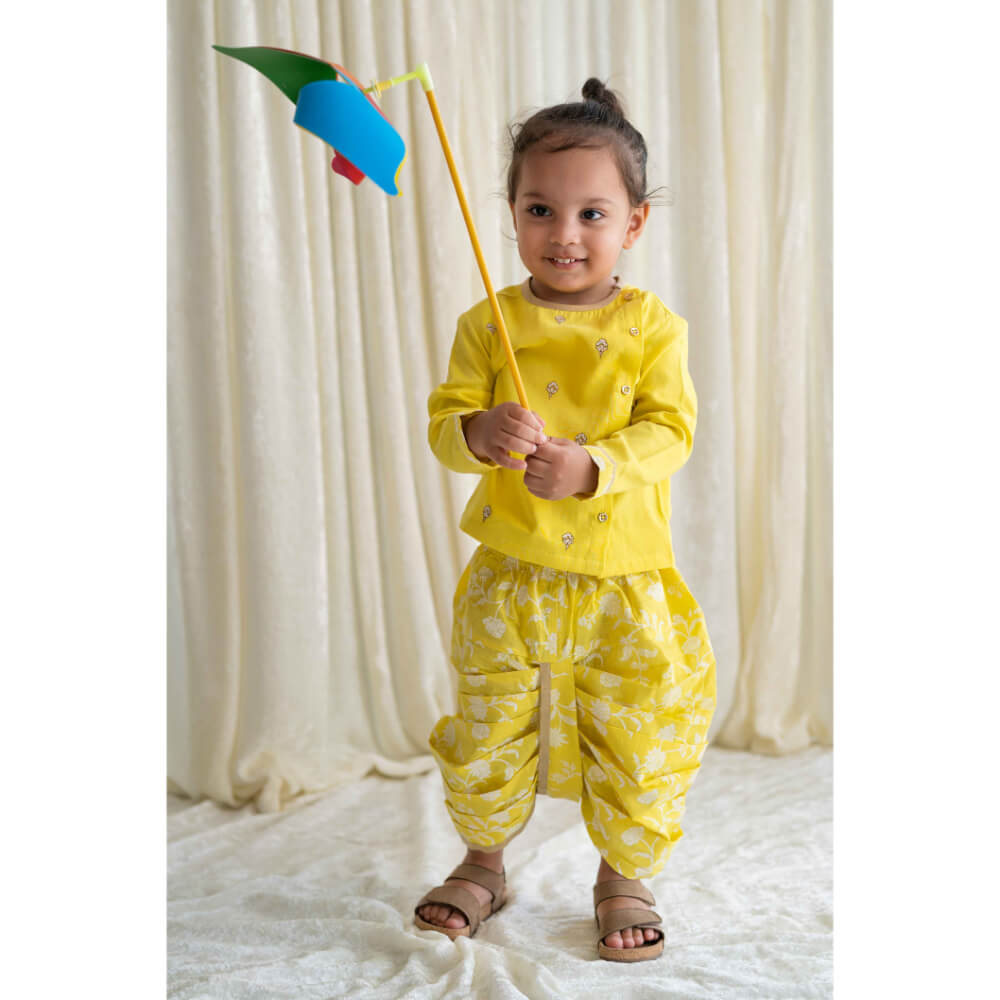 Tiber Taber Baby Boy Dhoti Kurta Premium Cotton Set Embroidered- Yellow