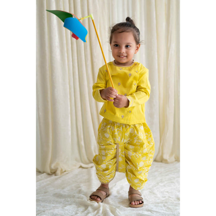 Tiber Taber Baby Boy Dhoti Kurta Premium Cotton Set Embroidered- Yellow