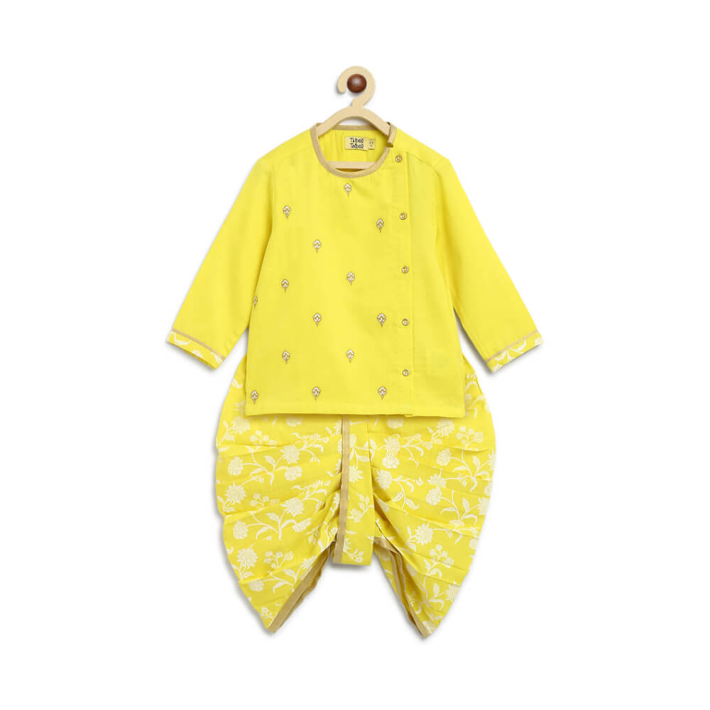 Tiber Taber Baby Boy Dhoti Kurta Premium Cotton Set Embroidered- Yellow