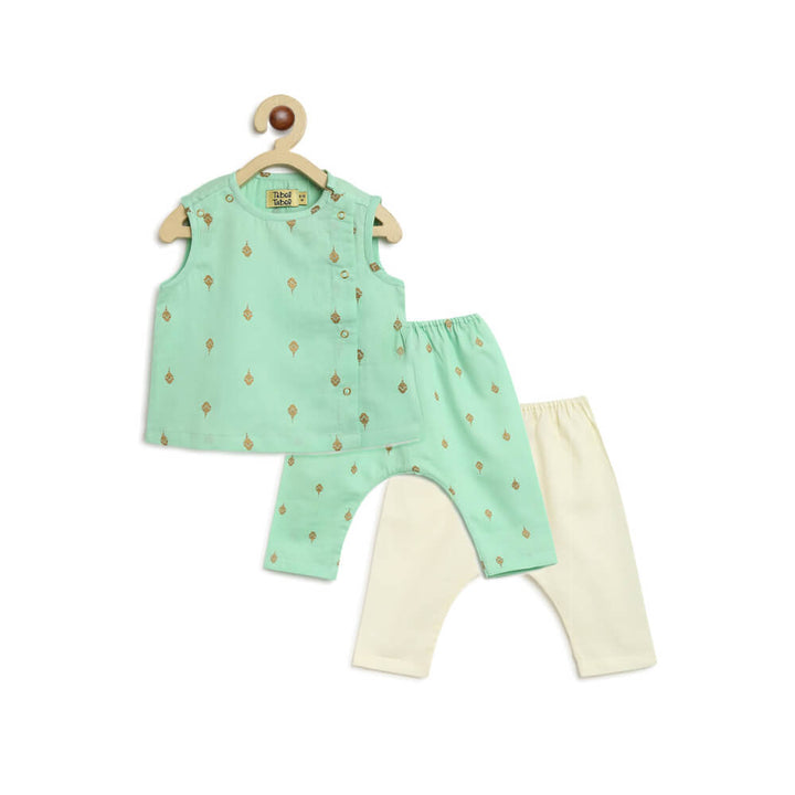 Tiber Taber Newborn Baby Premium Cotton Jhabla Set Gold Buta- Green