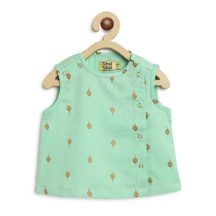 Tiber Taber Newborn Baby Premium Cotton Jhabla Set Gold Buta- Green