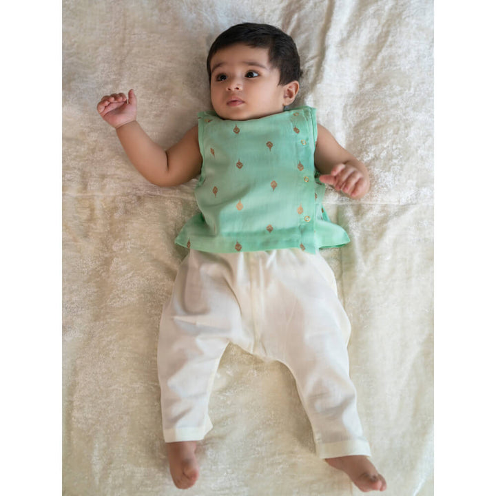 Tiber Taber Newborn Baby Premium Cotton Jhabla Set Gold Buta- Green