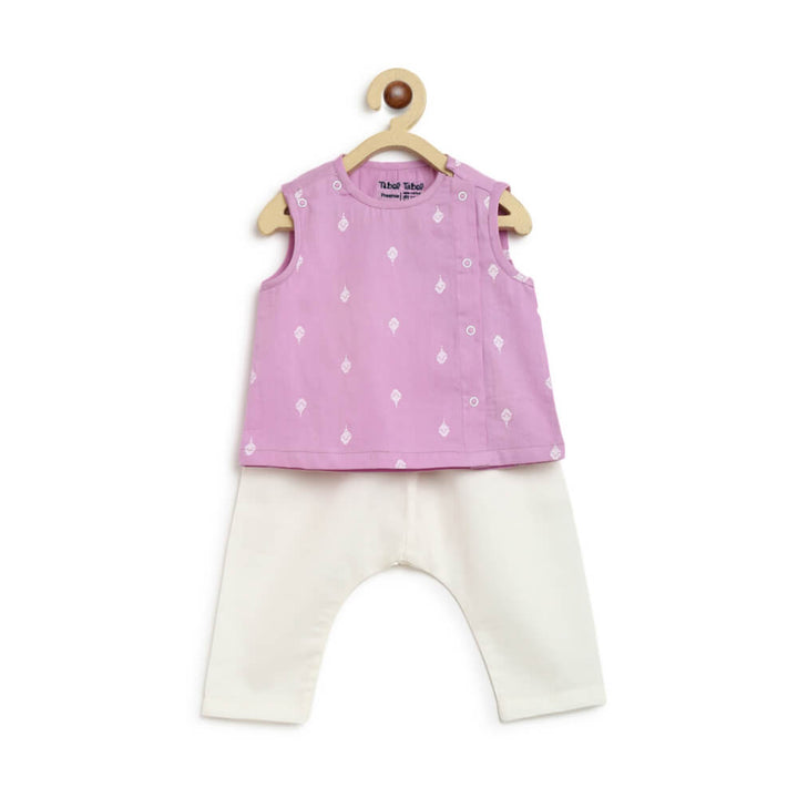 Tiber Taber Newborn Baby Premium Cotton Jhabla Set White Buta- Purple