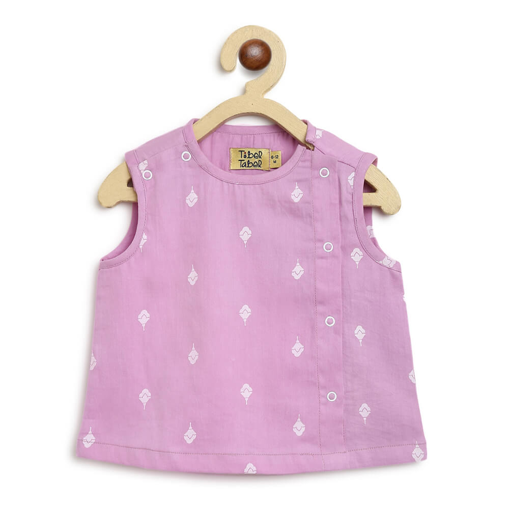 Tiber Taber Newborn Baby Premium Cotton Jhabla Set White Buta- Purple
