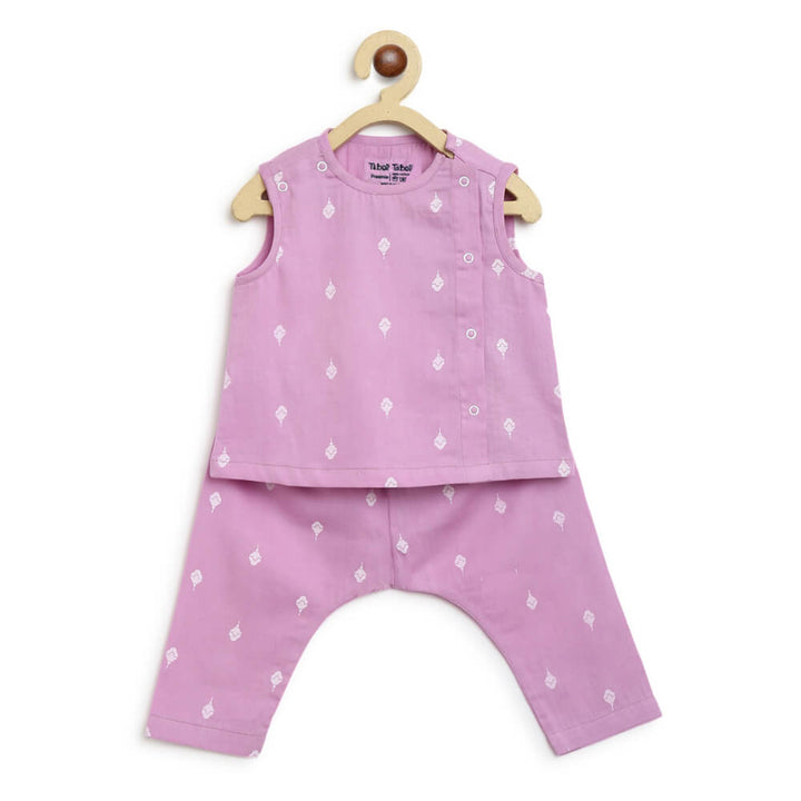Tiber Taber Newborn Baby Premium Cotton Jhabla Set White Buta- Purple