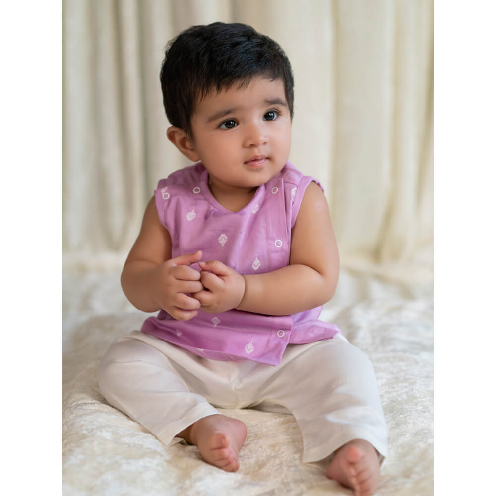Tiber Taber Newborn Baby Premium Cotton Jhabla Set White Buta- Purple