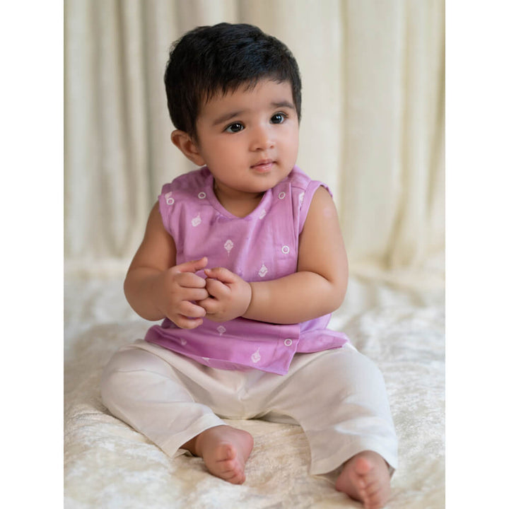 Tiber Taber Newborn Baby Premium Cotton Jhabla Set White Buta- Purple