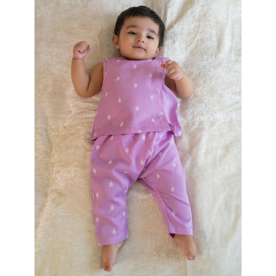 Tiber Taber Newborn Baby Premium Cotton Jhabla Set White Buta- Purple