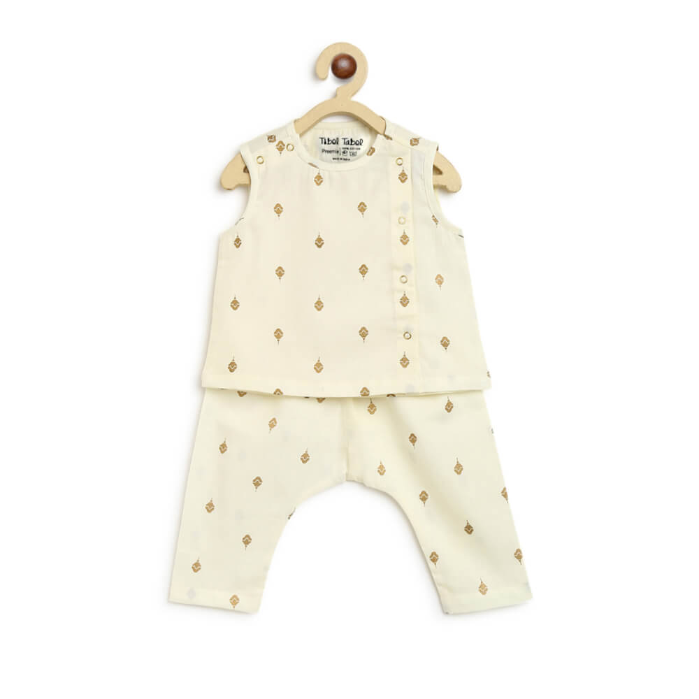 Tiber Taber Newborn Baby Premium Cotton Jhabla Set Gold Buta- Cream