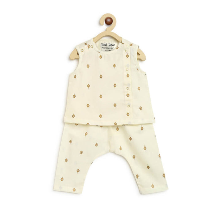 Tiber Taber Newborn Baby Premium Cotton Jhabla Set Gold Buta- Cream