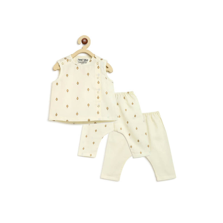 Tiber Taber Newborn Baby Premium Cotton Jhabla Set Gold Buta- Cream