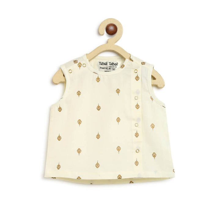Tiber Taber Newborn Baby Premium Cotton Jhabla Set Gold Buta- Cream