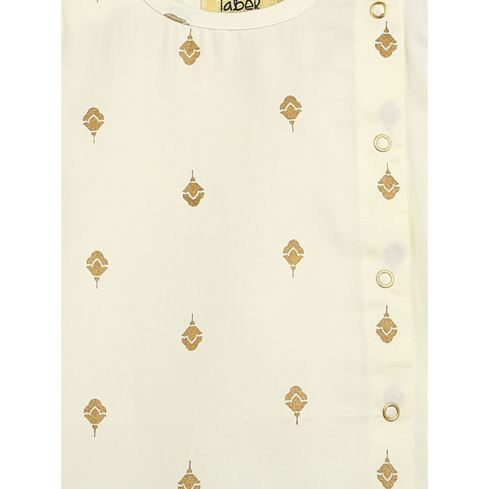 Tiber Taber Newborn Baby Premium Cotton Jhabla Set Gold Buta- Cream