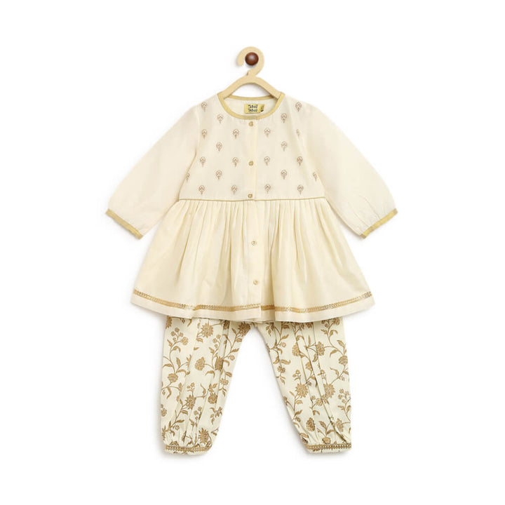 Tiber Taber Baby Girl Chanderi Angrakha Suit Set Embroidered- Cream