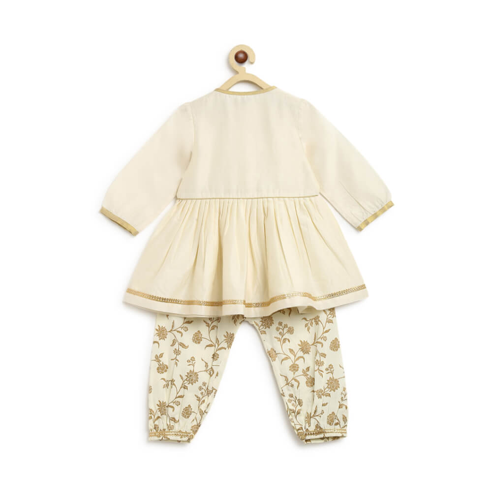 Tiber Taber Baby Girl Chanderi Angrakha Suit Set Embroidered- Cream