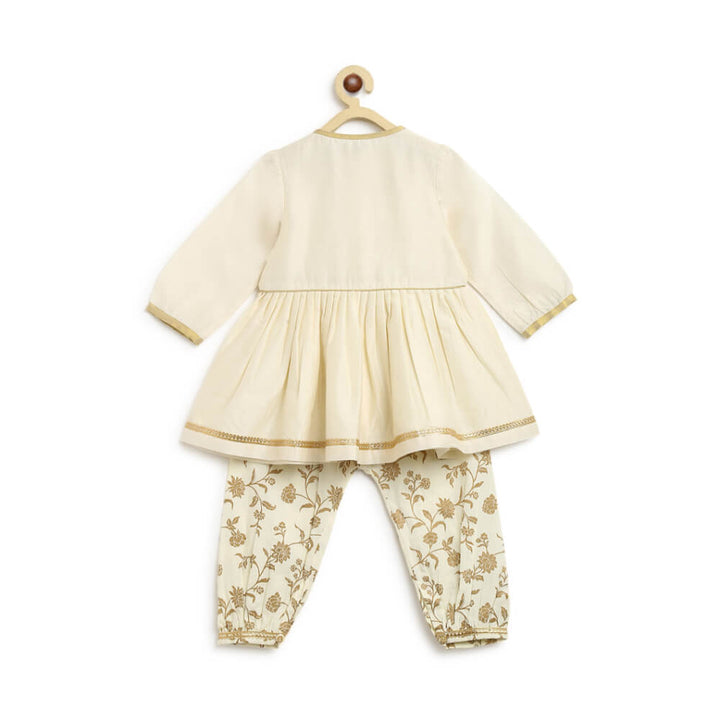 Tiber Taber Baby Girl Chanderi Angrakha Suit Set Embroidered- Cream