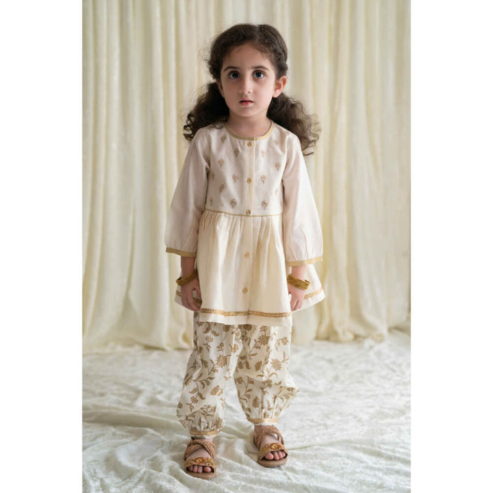 Tiber Taber Baby Girl Chanderi Angrakha Suit Set Embroidered- Cream