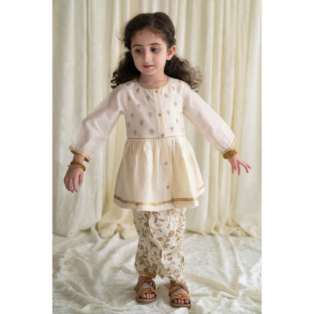 Tiber Taber Baby Girl Chanderi Angrakha Suit Set Embroidered- Cream