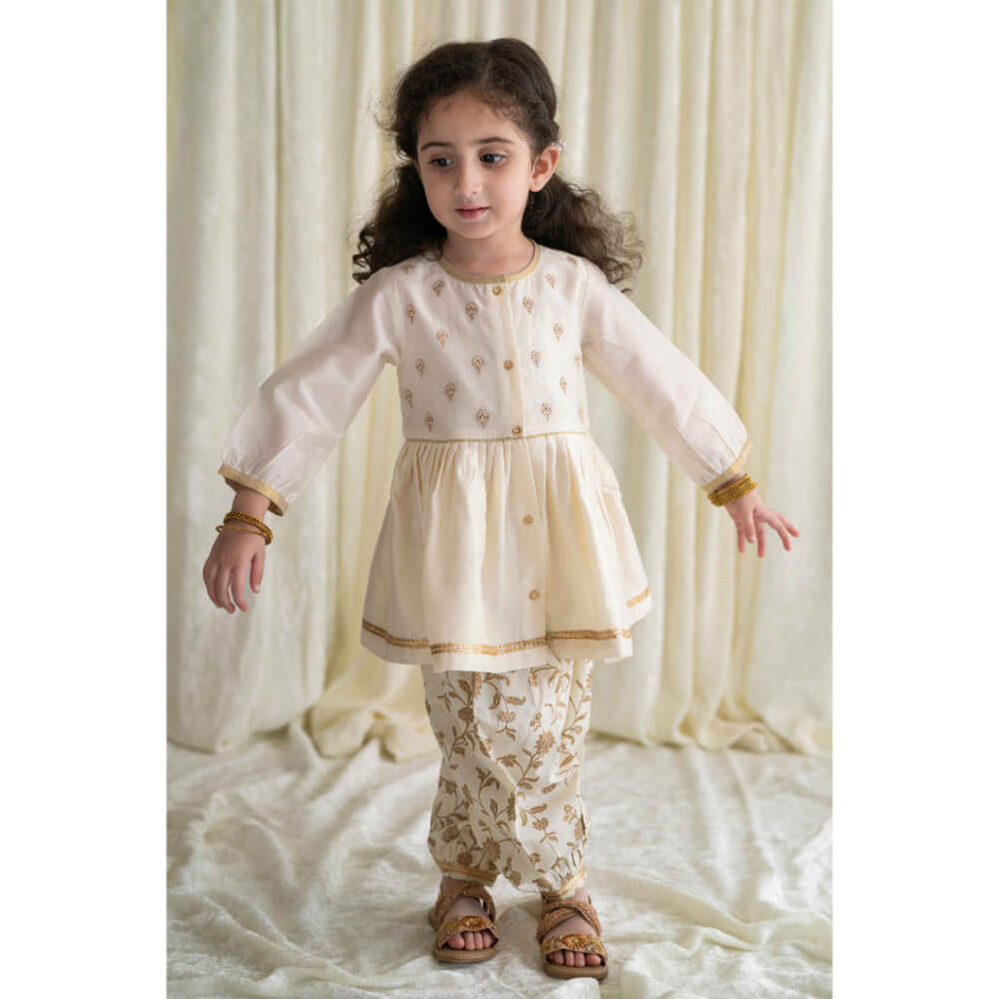 Tiber Taber Baby Girl Chanderi Angrakha Suit Set Embroidered- Cream