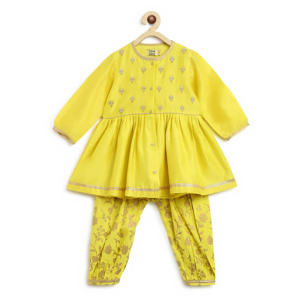 Tiber Taber Baby Girl Chanderi Angrakha Suit Set Embroidered- Yellow