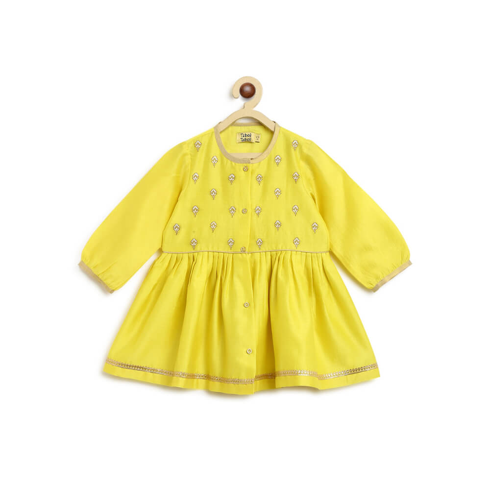 Tiber Taber Baby Girl Chanderi Angrakha Suit Set Embroidered- Yellow