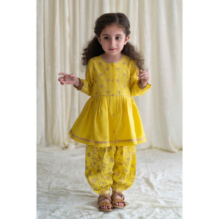 Tiber Taber Baby Girl Chanderi Angrakha Suit Set Embroidered- Yellow