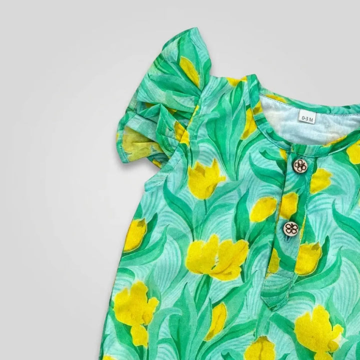 Bhaakur Organic Cotton Tulip Print Onesie - Green