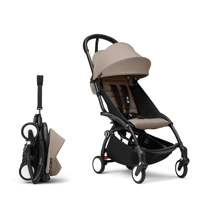 Stokke YOYO3 Stroller | Lightweight Compact Travel Stroller for Babies | Cabin Friendly &amp; Foldable | UPF 50+ Sun Protection | 5 Point Safety Harness | Award Winning Design | YOYO Stroller India | 6 Months to 4 Years - Black/Taupe