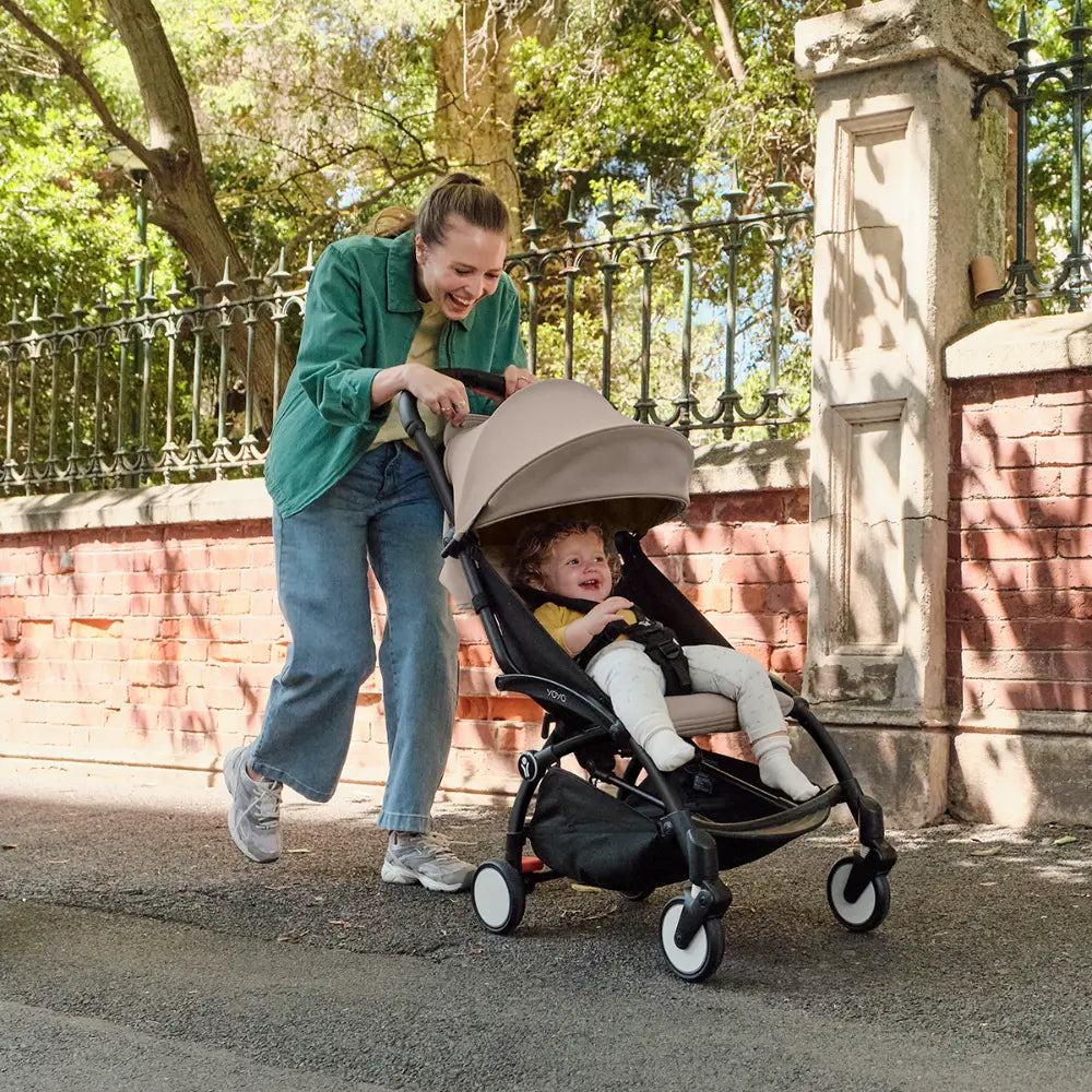Stokke YOYO3 Stroller | Lightweight Compact Travel Stroller for Babies | Cabin Friendly &amp; Foldable | UPF 50+ Sun Protection | 5 Point Safety Harness | Award Winning Design | YOYO Stroller India | 6 Months to 4 Years - Black/Taupe