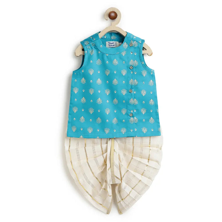 Tiber Taber 100% Viscose Woven Sleeveless Morpankh Dhoti Kurta Set - Blue