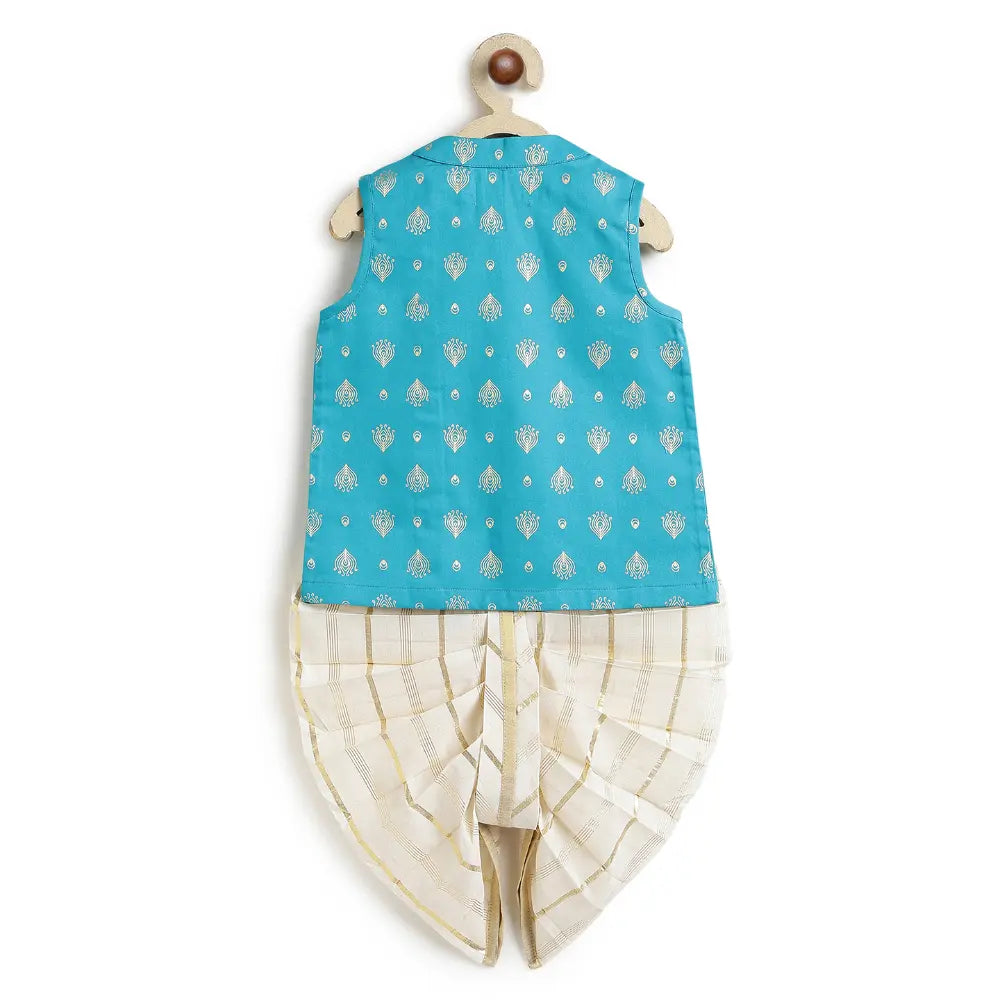 Tiber Taber 100% Viscose Woven Sleeveless Morpankh Dhoti Kurta Set - Blue