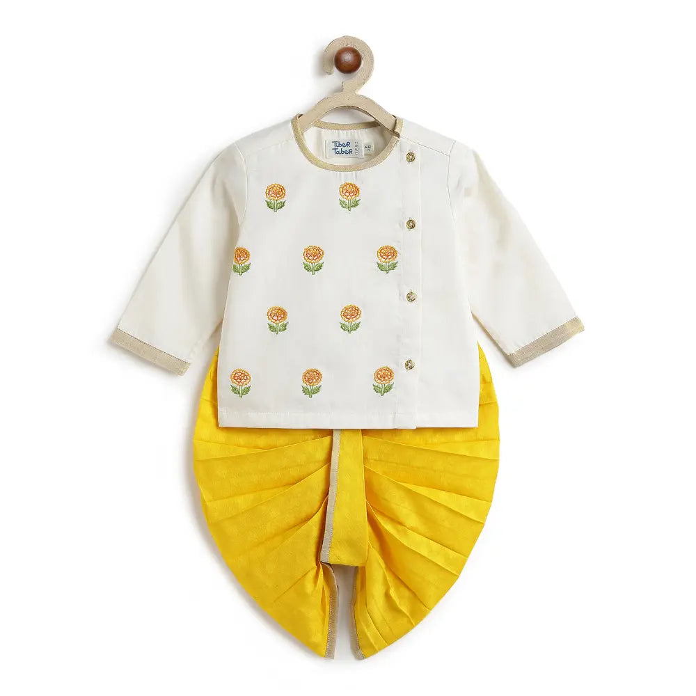 Tiber Taber Cotton Woven Fulll Sleeves Embroidered Marigold Bloom Dhoti Set - Cream