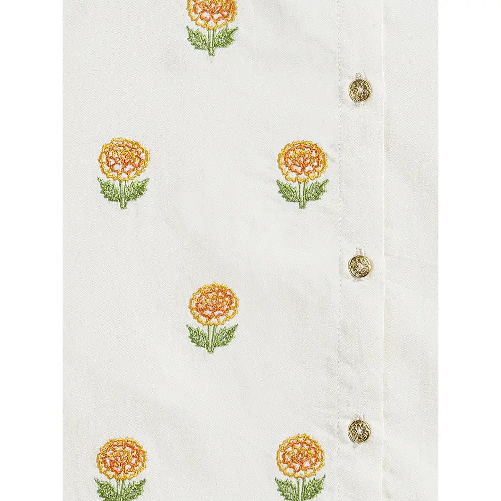 Tiber Taber Cotton Woven Fulll Sleeves Embroidered Marigold Bloom Dhoti Set - Cream
