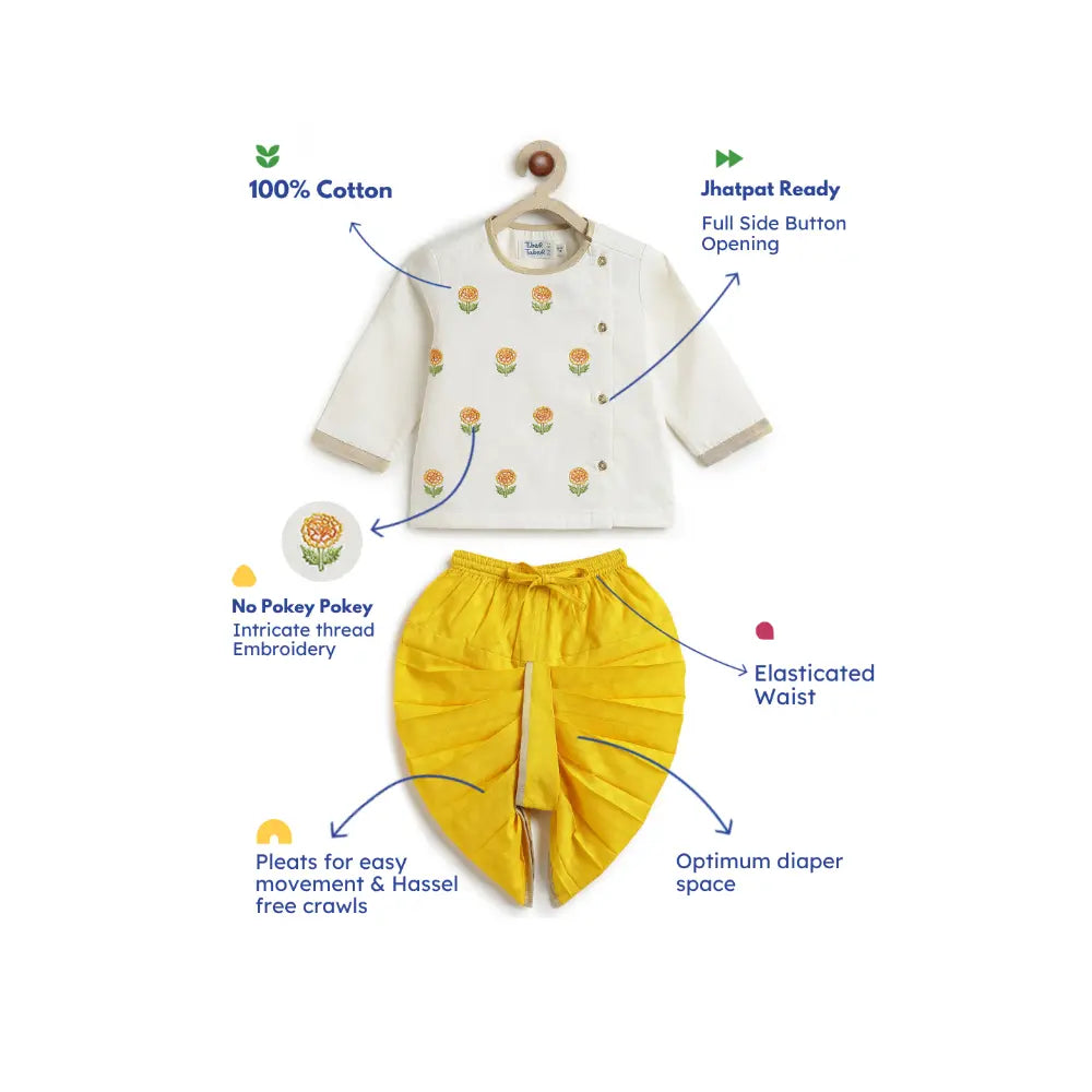 Tiber Taber Cotton Woven Fulll Sleeves Embroidered Marigold Bloom Dhoti Set - Cream