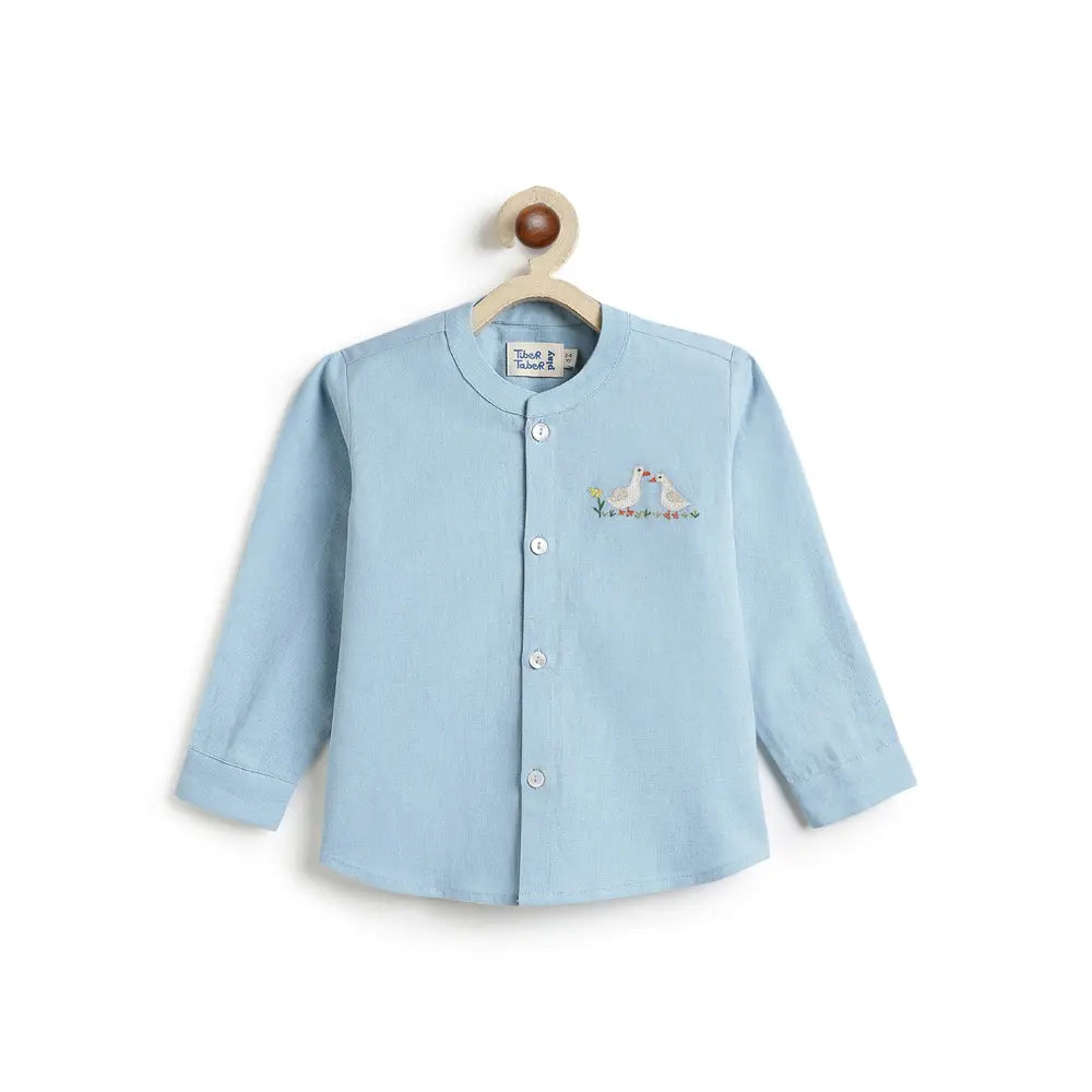 Tiber Taber Cotton Woven Full Sleeves Duck Embroidered Shirt - Blue