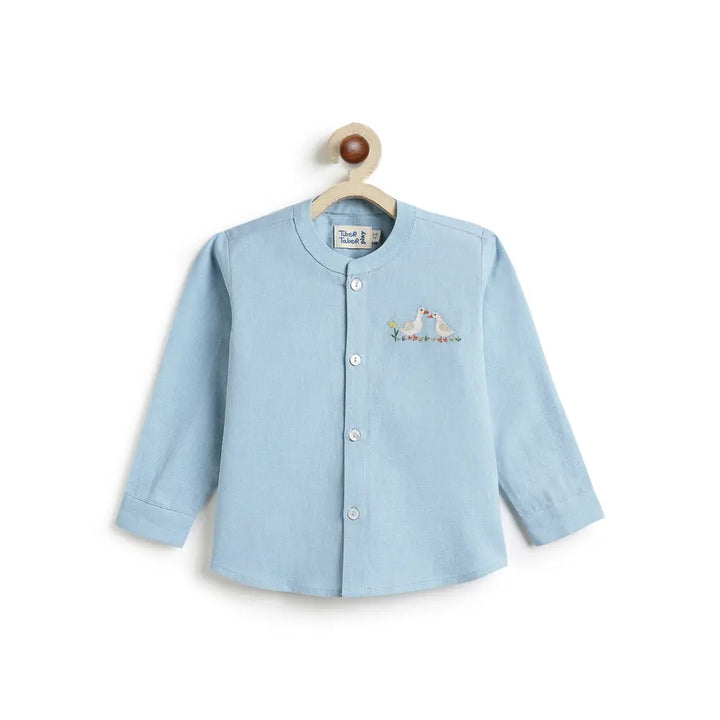 Tiber Taber Cotton Woven Full Sleeves Duck Embroidered Shirt - Blue