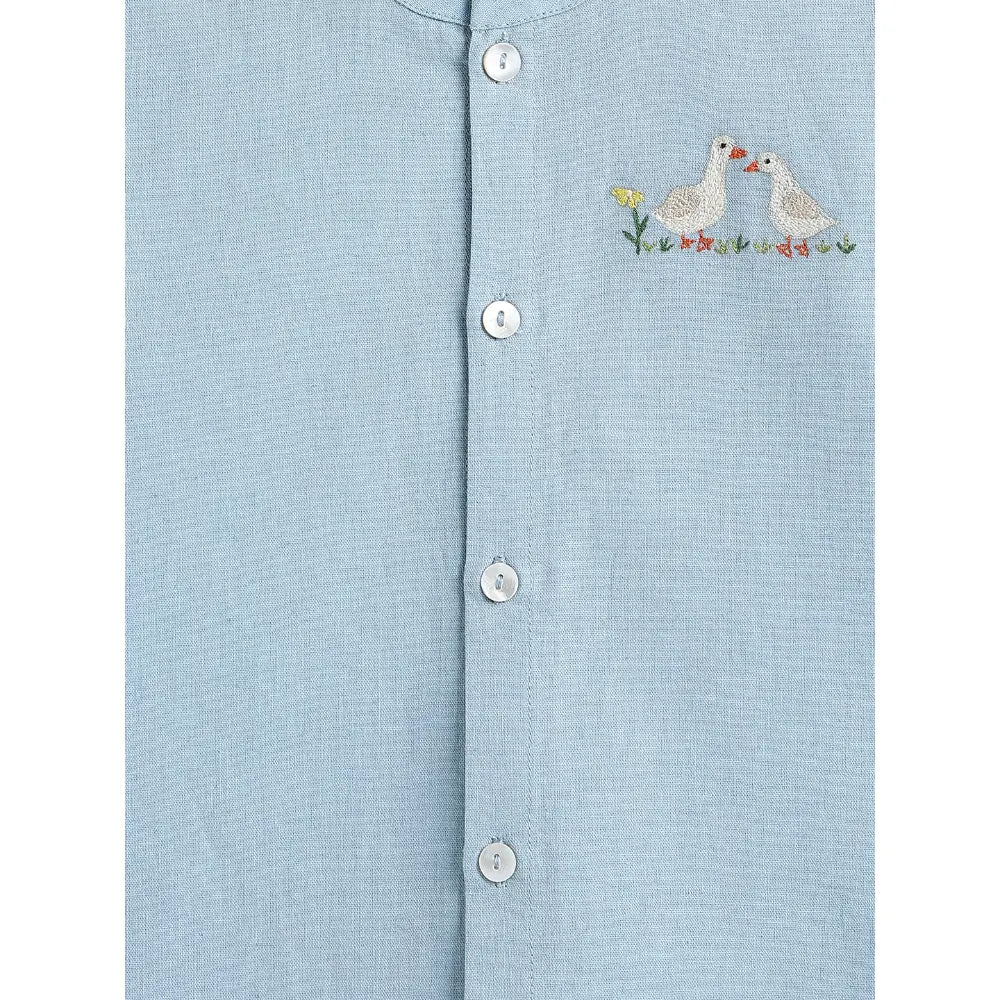 Tiber Taber Cotton Woven Full Sleeves Duck Embroidered Shirt - Blue