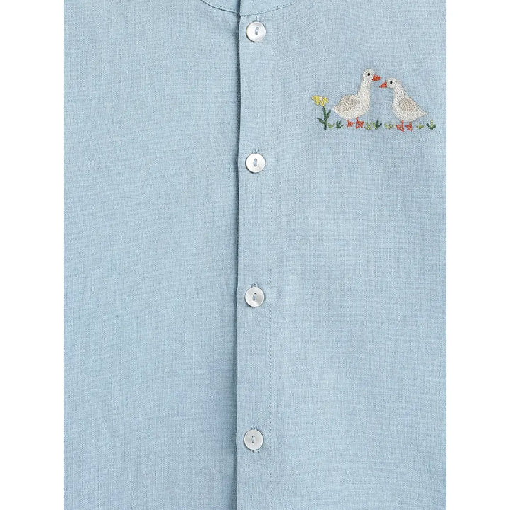 Tiber Taber Cotton Woven Full Sleeves Duck Embroidered Shirt - Blue