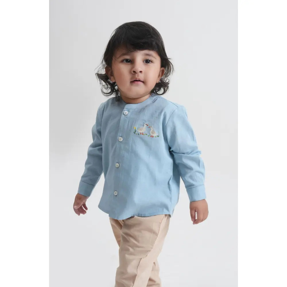 Tiber Taber Cotton Woven Full Sleeves Duck Embroidered Shirt - Blue