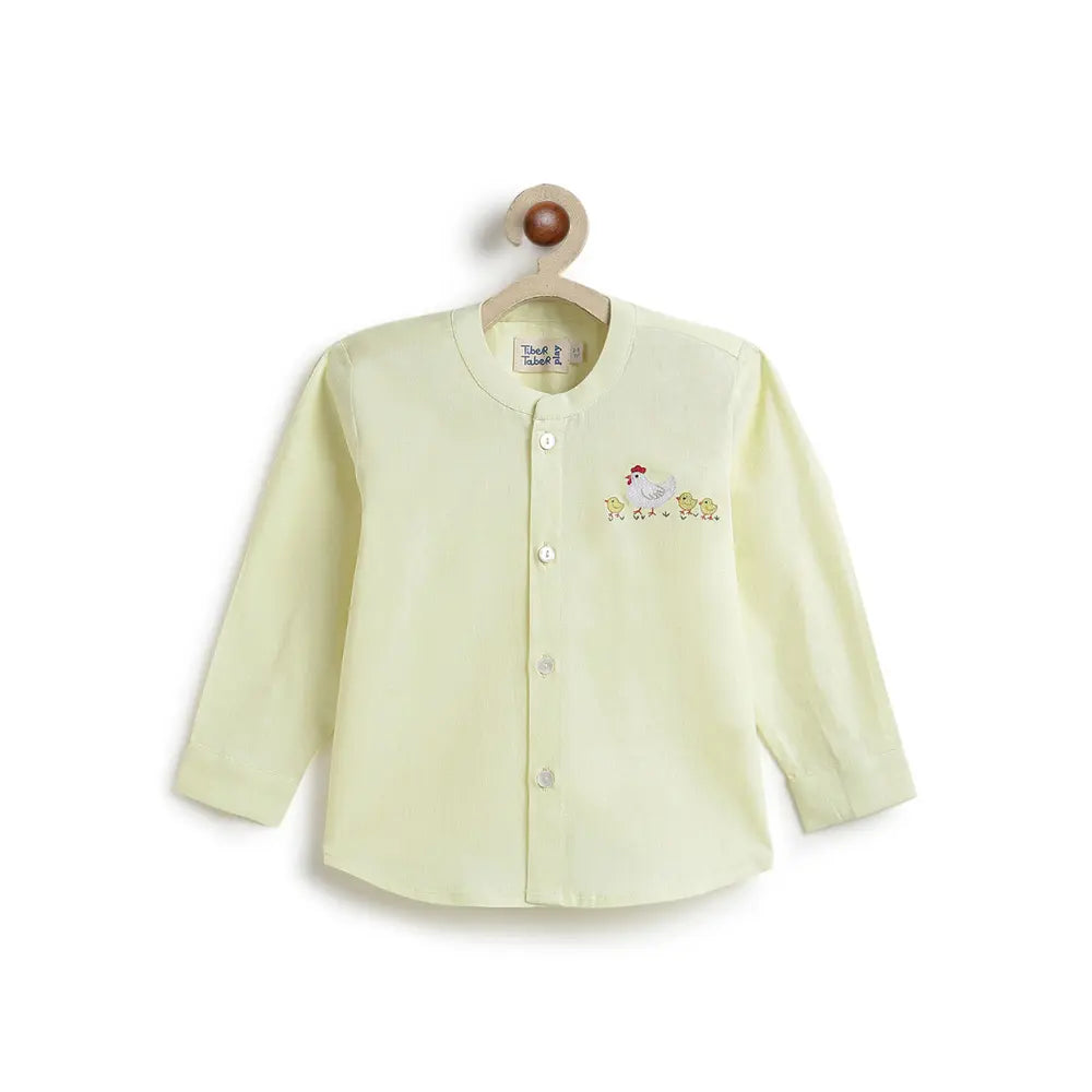 Tiber Taber Cotton Woven Full Sleeves Hen Embroidered Shirt - Yellow