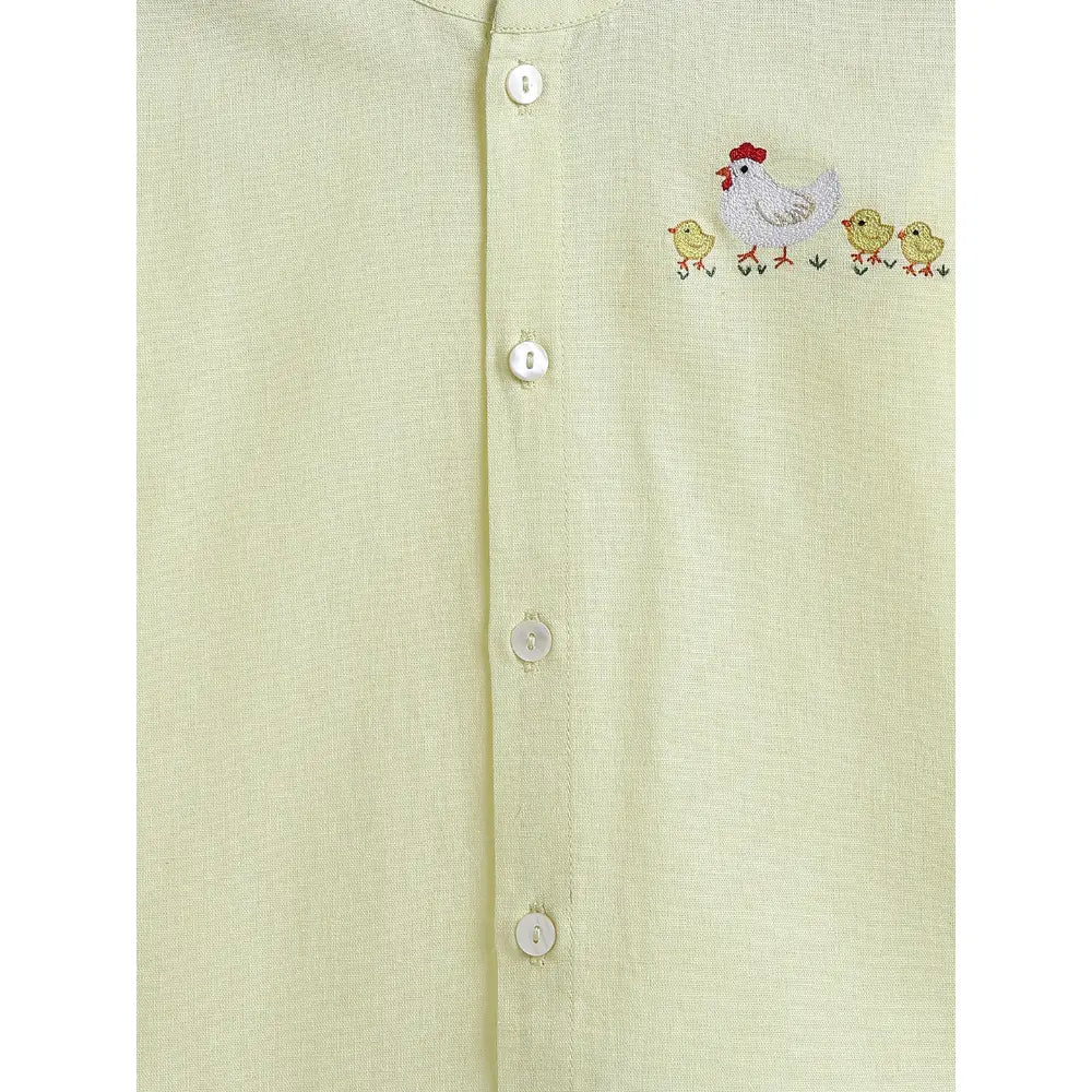 Tiber Taber Cotton Woven Full Sleeves Hen Embroidered Shirt - Yellow