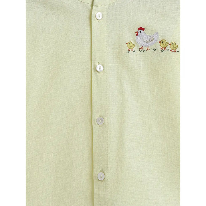 Tiber Taber Cotton Woven Full Sleeves Hen Embroidered Shirt - Yellow