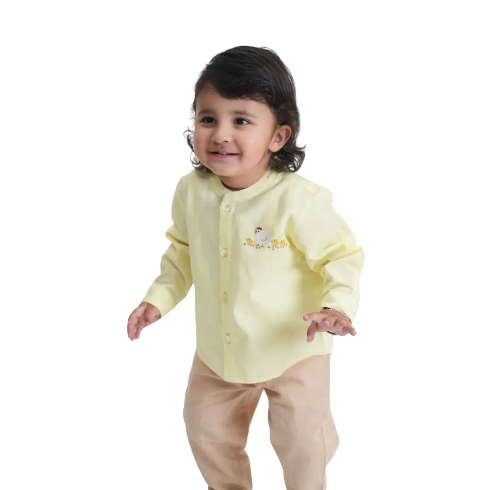 Tiber Taber Cotton Woven Full Sleeves Hen Embroidered Shirt - Yellow