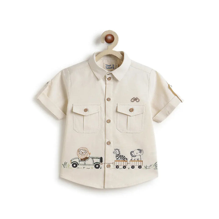Tiber Taber Cotton Woven Full Sleeves Jungle Embroidered  Shirt - Cream