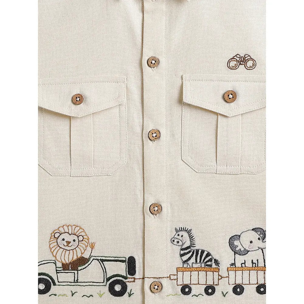 Tiber Taber Cotton Woven Full Sleeves Jungle Embroidered  Shirt - Cream