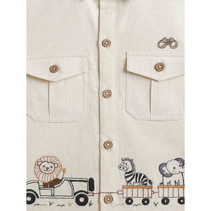 Tiber Taber Cotton Woven Full Sleeves Jungle Embroidered  Shirt - Cream