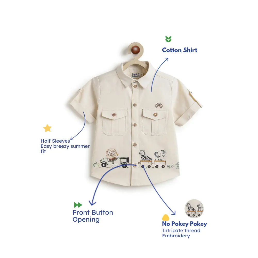Tiber Taber Cotton Woven Full Sleeves Jungle Embroidered  Shirt - Cream
