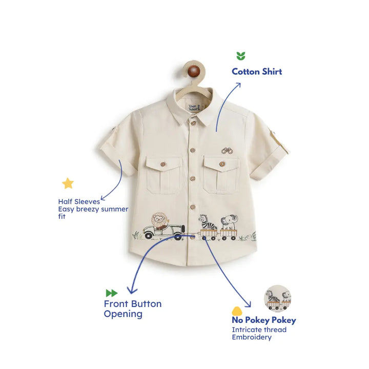 Tiber Taber Cotton Woven Full Sleeves Jungle Embroidered  Shirt - Cream