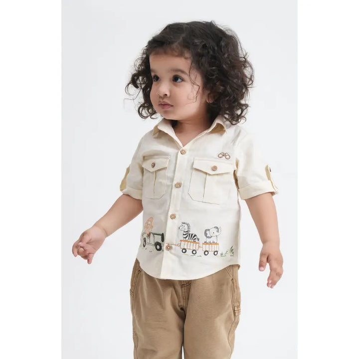 Tiber Taber Cotton Woven Full Sleeves Jungle Embroidered  Shirt - Cream