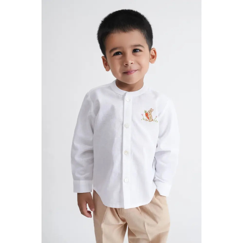 Tiber Taber Cotton Woven Full Sleeves Rabbit Embroidered Shirt - White